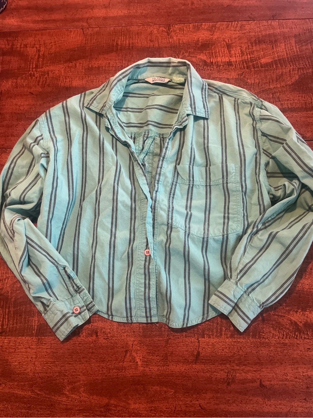 Vintage Women’s Teal Stripe Cotton Feel 
Button Shirt Boxy Crop Coastal Cottage